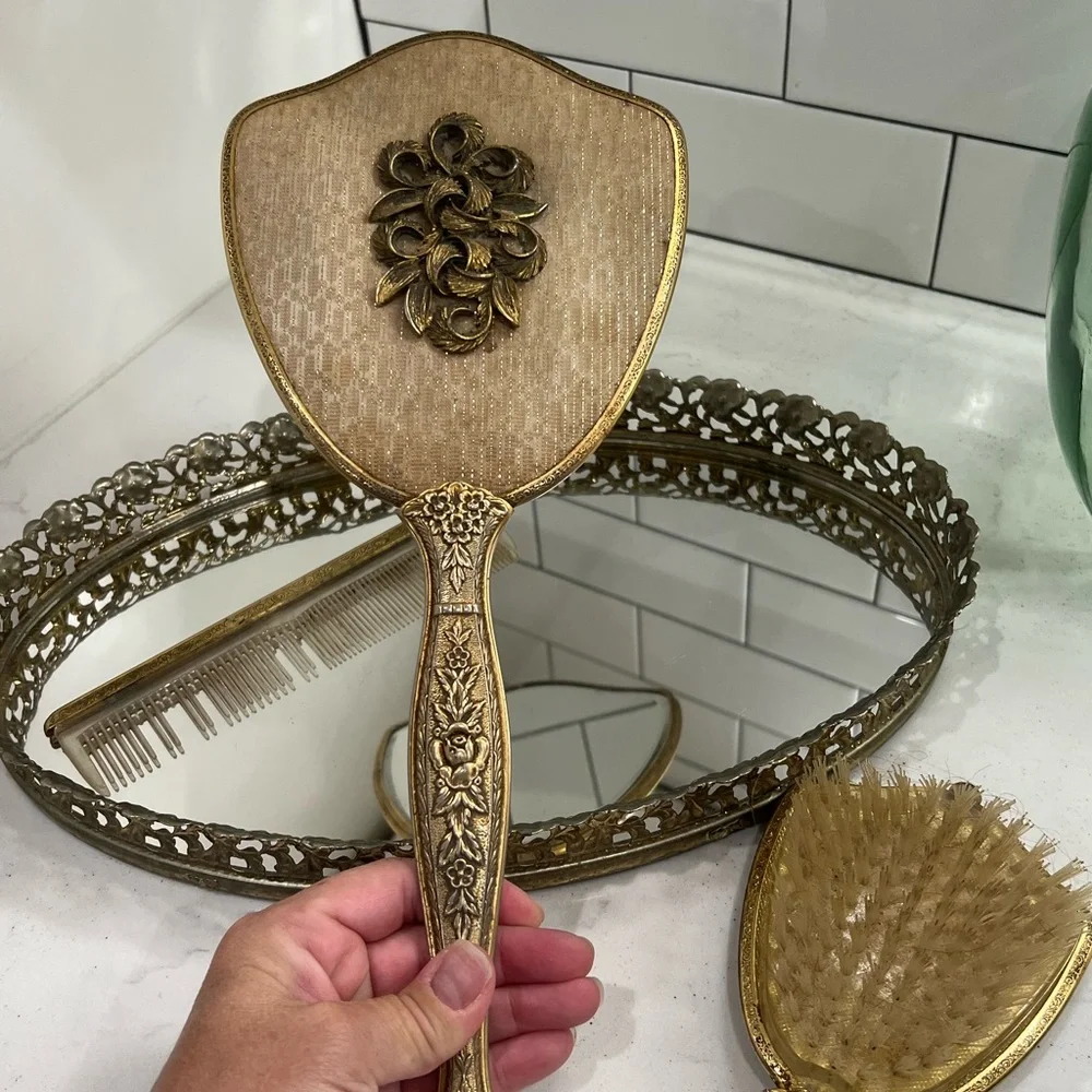 Gold Filigree Antique Vanity Hollywood Mirror Tray 4 Piece Set Victorian